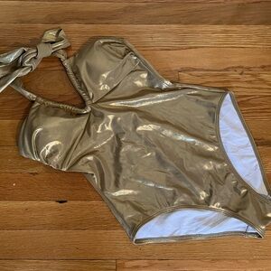 NWOT Boden Gold Shimmer Halterneck Ruched Swimsuit, size US 2
